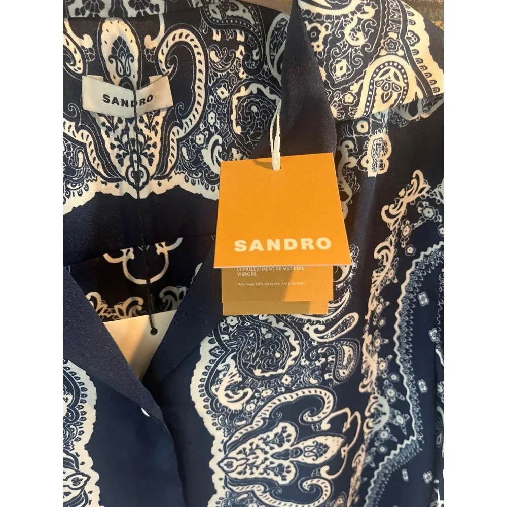 Sandro Womens Blue & White Paisley Short-Sleeve Button-Up Shirt Size 1 - Picture 2 of 10